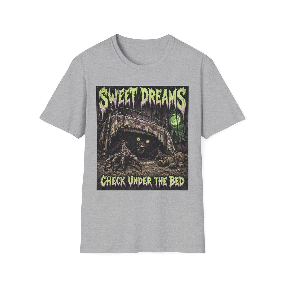 Sweet Dreams Horror T-Shirt — “Check Under the Bed” Gothic Sleep Tee