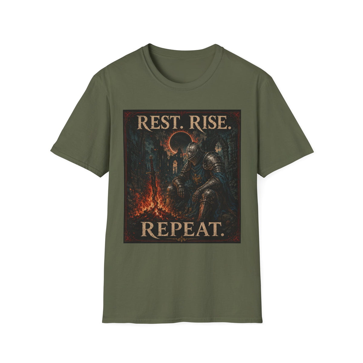Rest. Rise. Repeat. T‑Shirt — Dark Souls Fantasy Knight Graphic Tee
