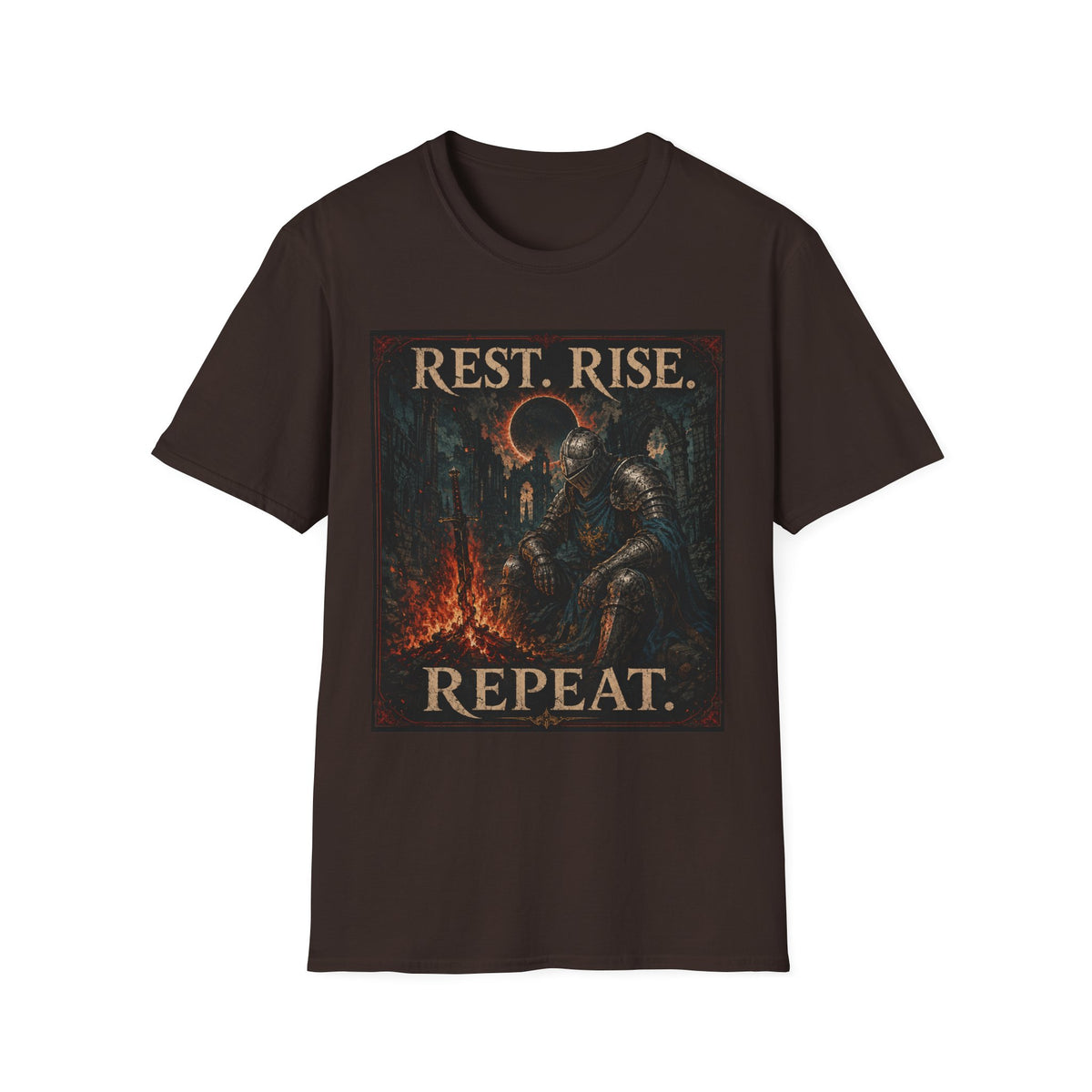 Rest. Rise. Repeat. T‑Shirt — Dark Souls Fantasy Knight Graphic Tee