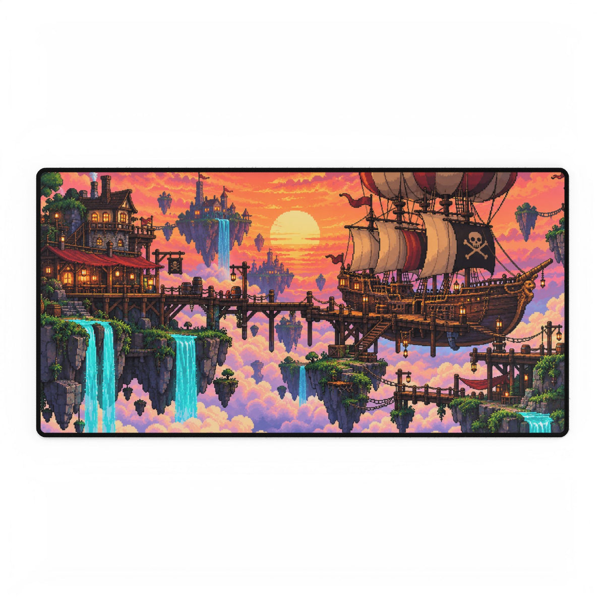 Pirate Skyship Fantasy Desk Mat — Sunset Floating Islands Gaming Mouse Pad