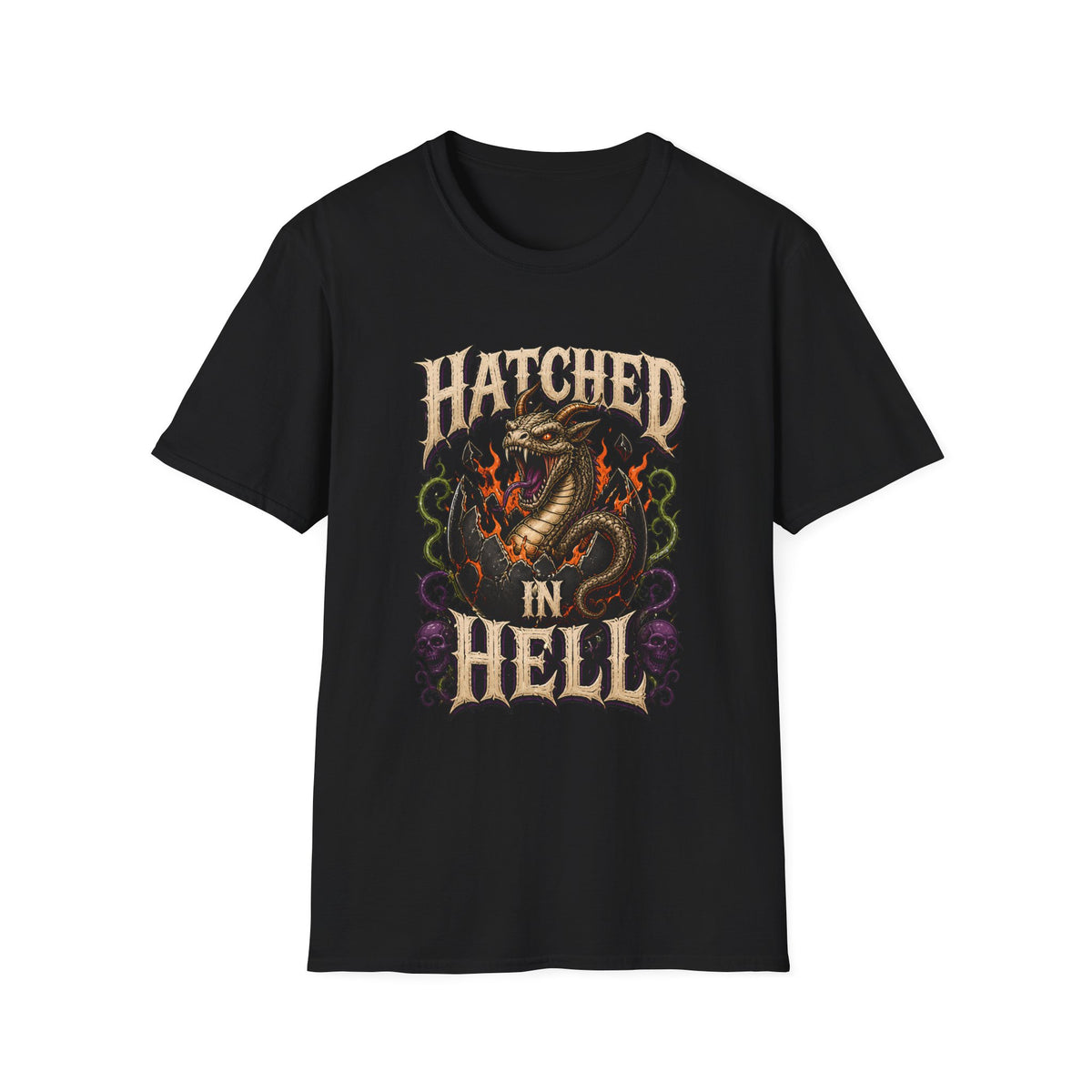 Hatched in Hell T-Shirt - Fiery Dragon Graphic Tee for Gothic/Rock Fans