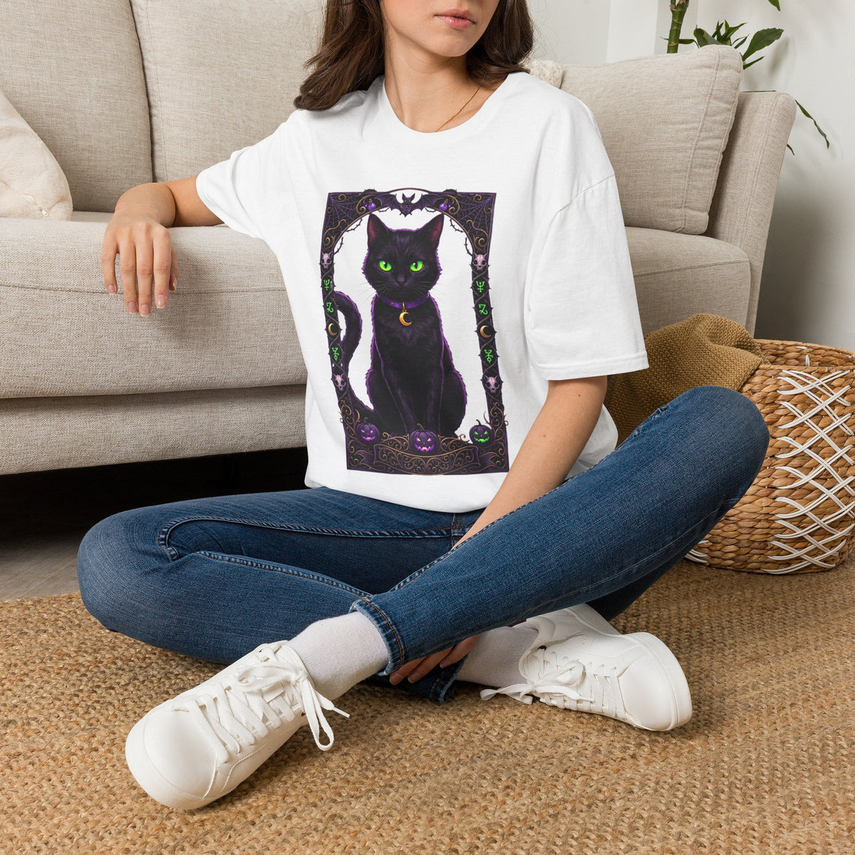 Mystic Black Cat T‑Shirt — Glowing Green Eyes Witchy Tee