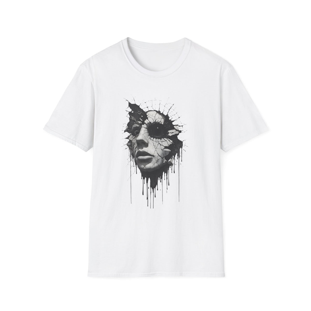 Abstract Shattered Face T-Shirt — Monochrome Drip Art Tee