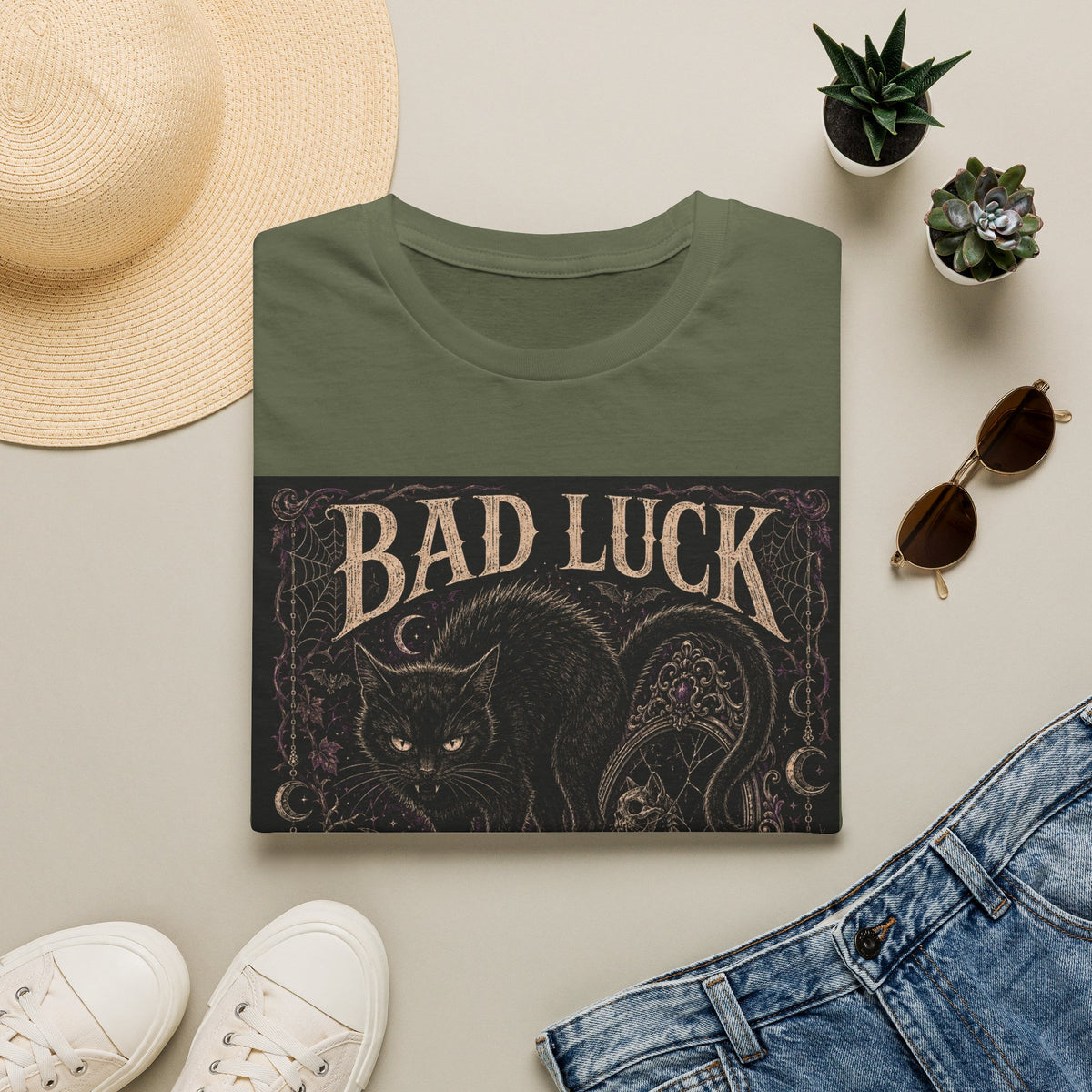 Bad Luck Black Cat Graphic T-Shirt — Gothic Skull Vintage Tattoo Tee