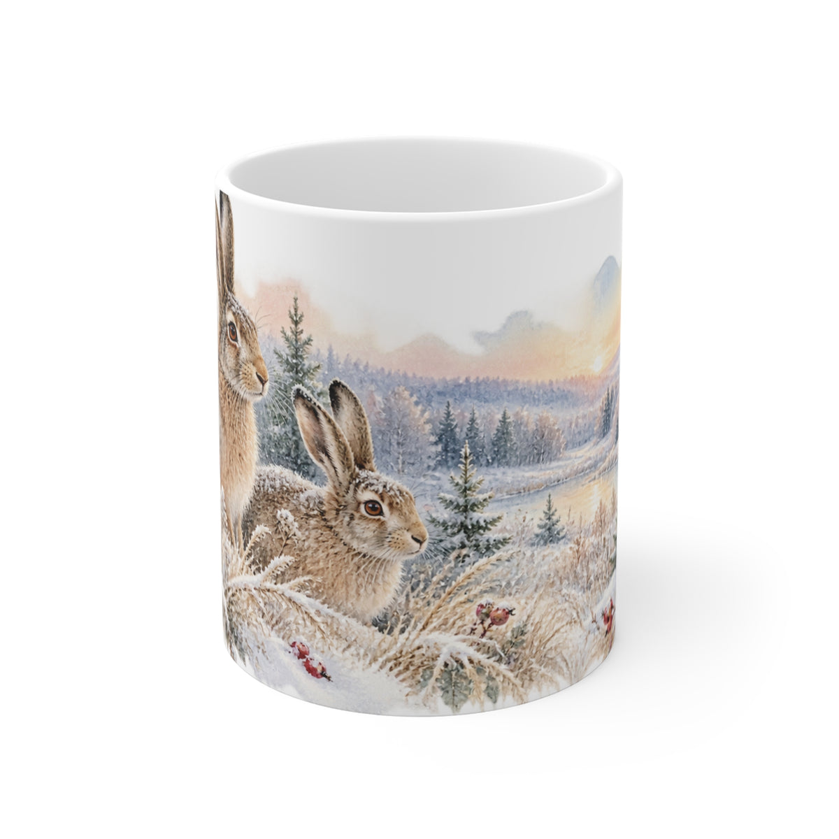 Winter Hare Mug | Snowy Meadow Watercolour | Woodland Animal Gift