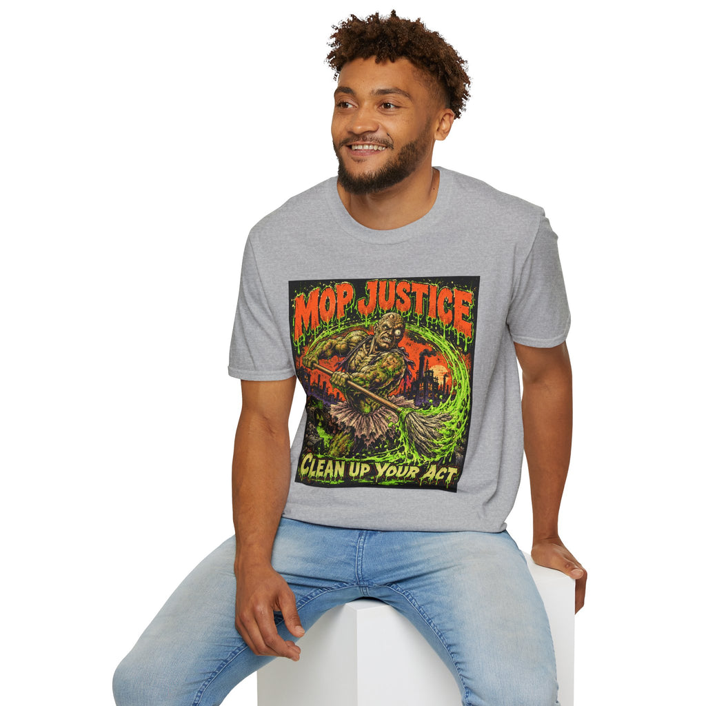 Mop Justice T-Shirt — Retro Horror Cleanup Graphic Tee ("Clean Up Your Act")
