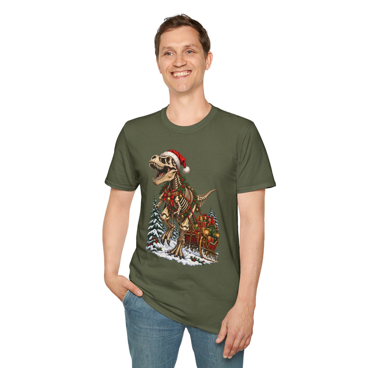 T-Rex Sleigh | Dinosaur Fossil Christmas T‑Shirt