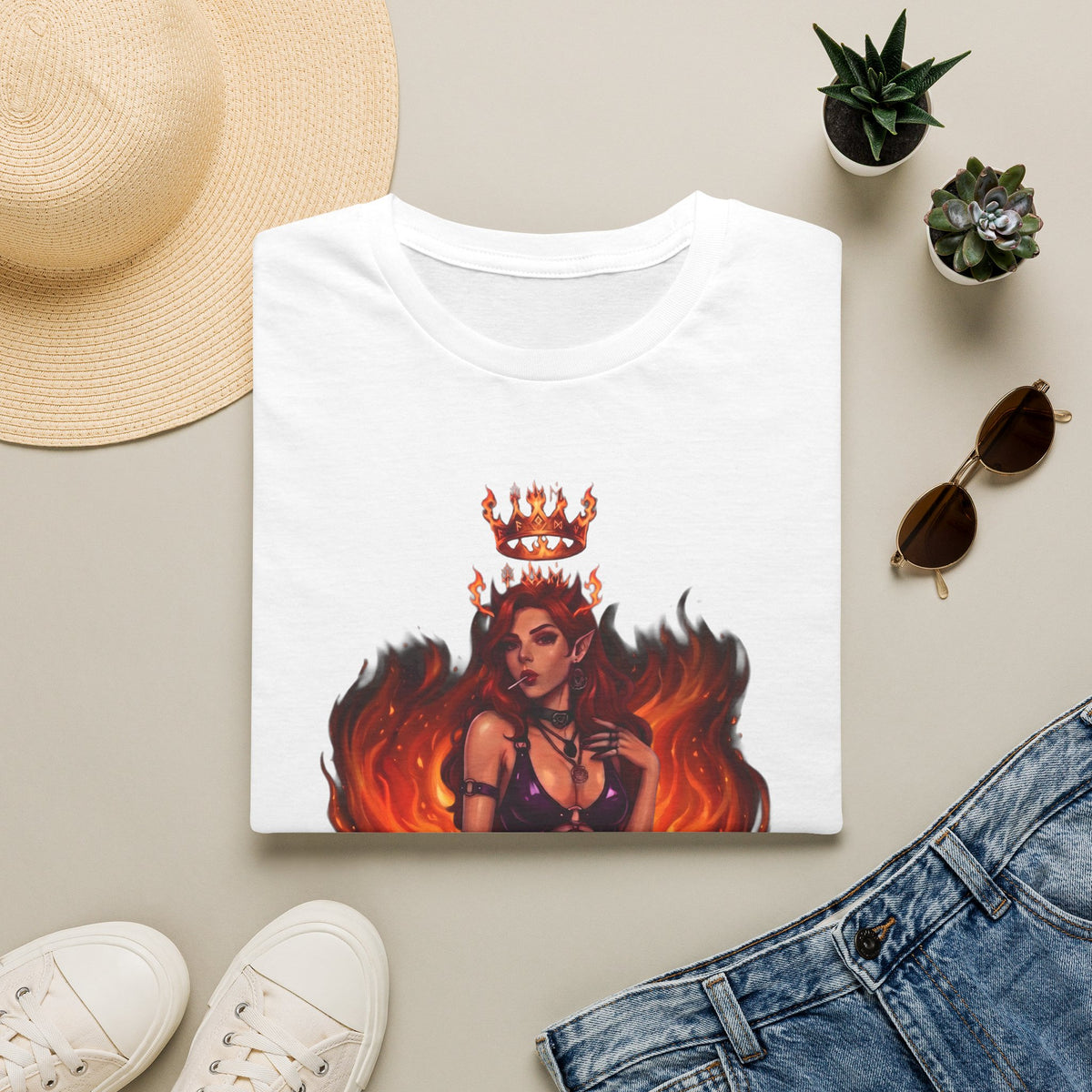 Flaming Witch Queen Graphic T-Shirt - Fire Witch Illustration Tee