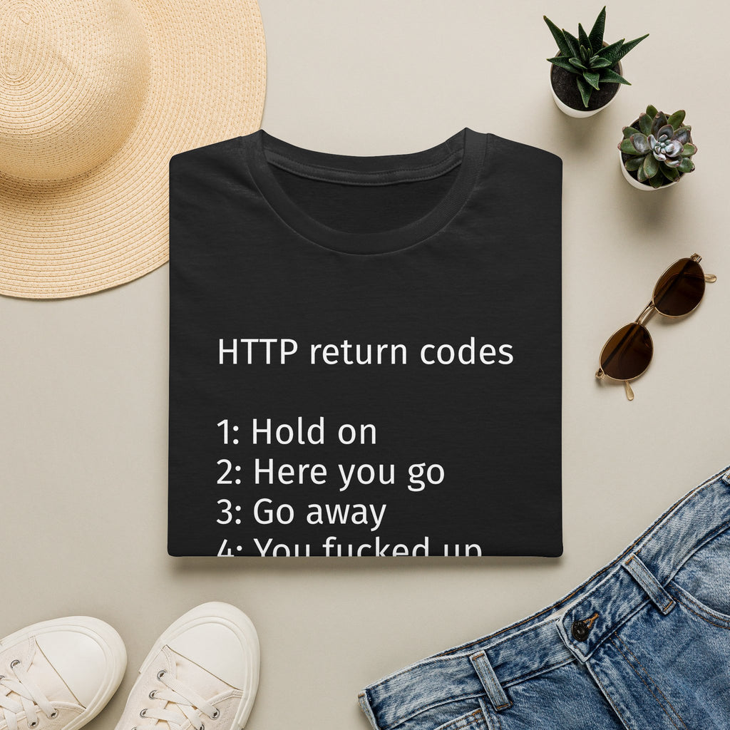 http return codes t shirt funny programmer tee 1 hold on 2 here you go 3 go away, product image showing the garment or product detail.