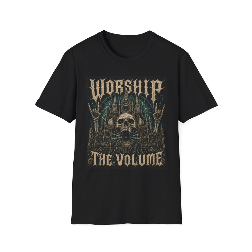 Black T-shirt with Worship the Volume text and skull graphic, front view.