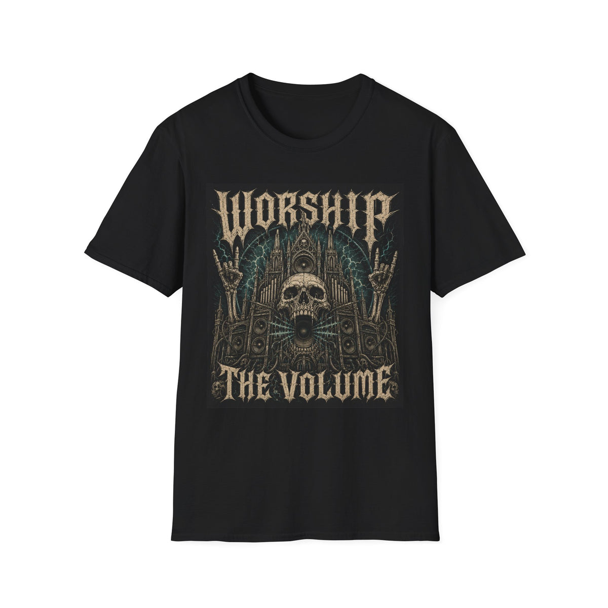 Black T-shirt with Worship the Volume text and skull graphic, front view.