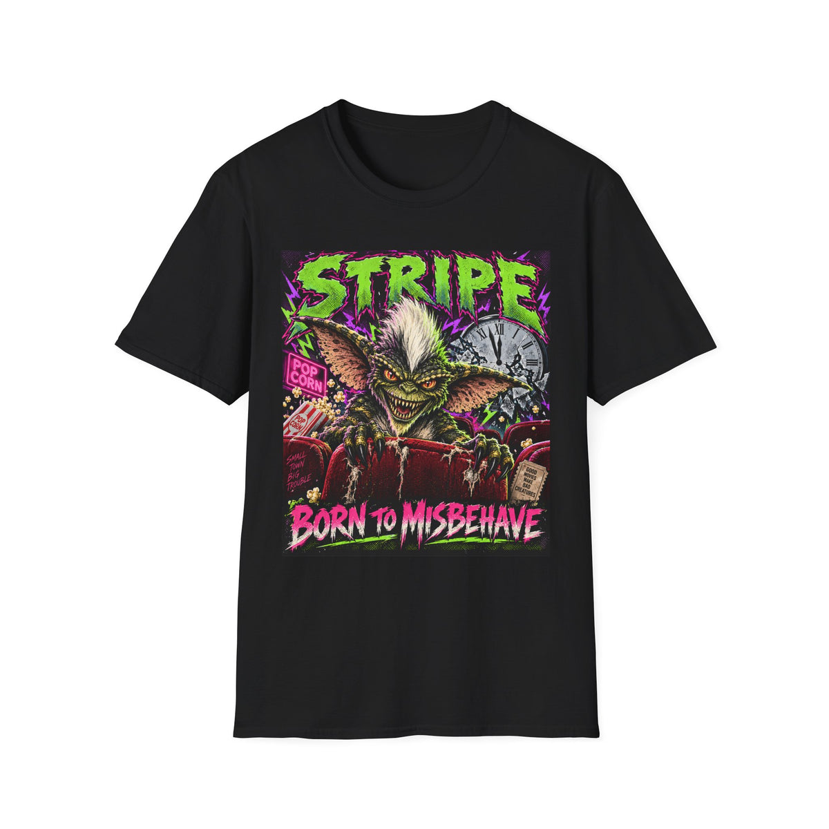 Stripe Gremlin T‑Shirt — 'Born to Misbehave' Retro Horror Graphic Tee