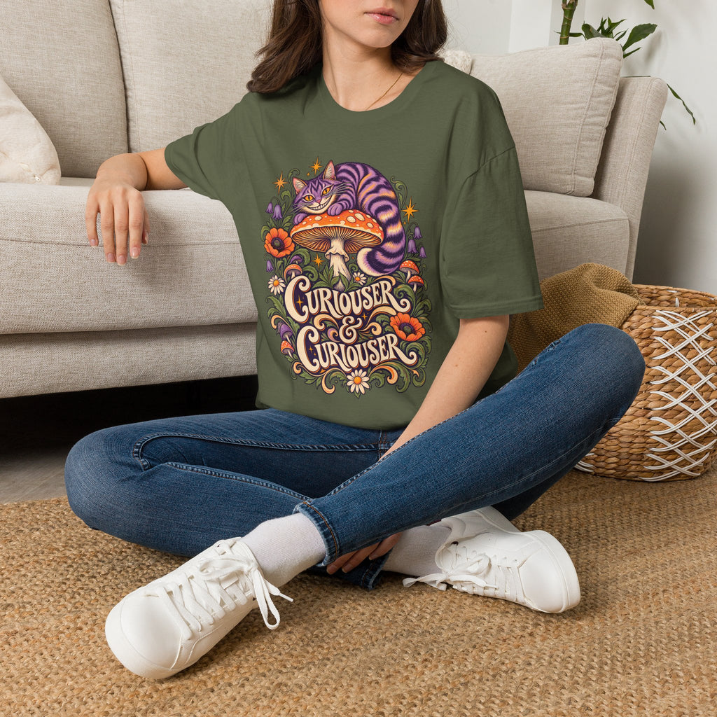 Cheshire Cat | Curiouser & Curiouser | Whimsical Mushroom Design Graphic Shirt