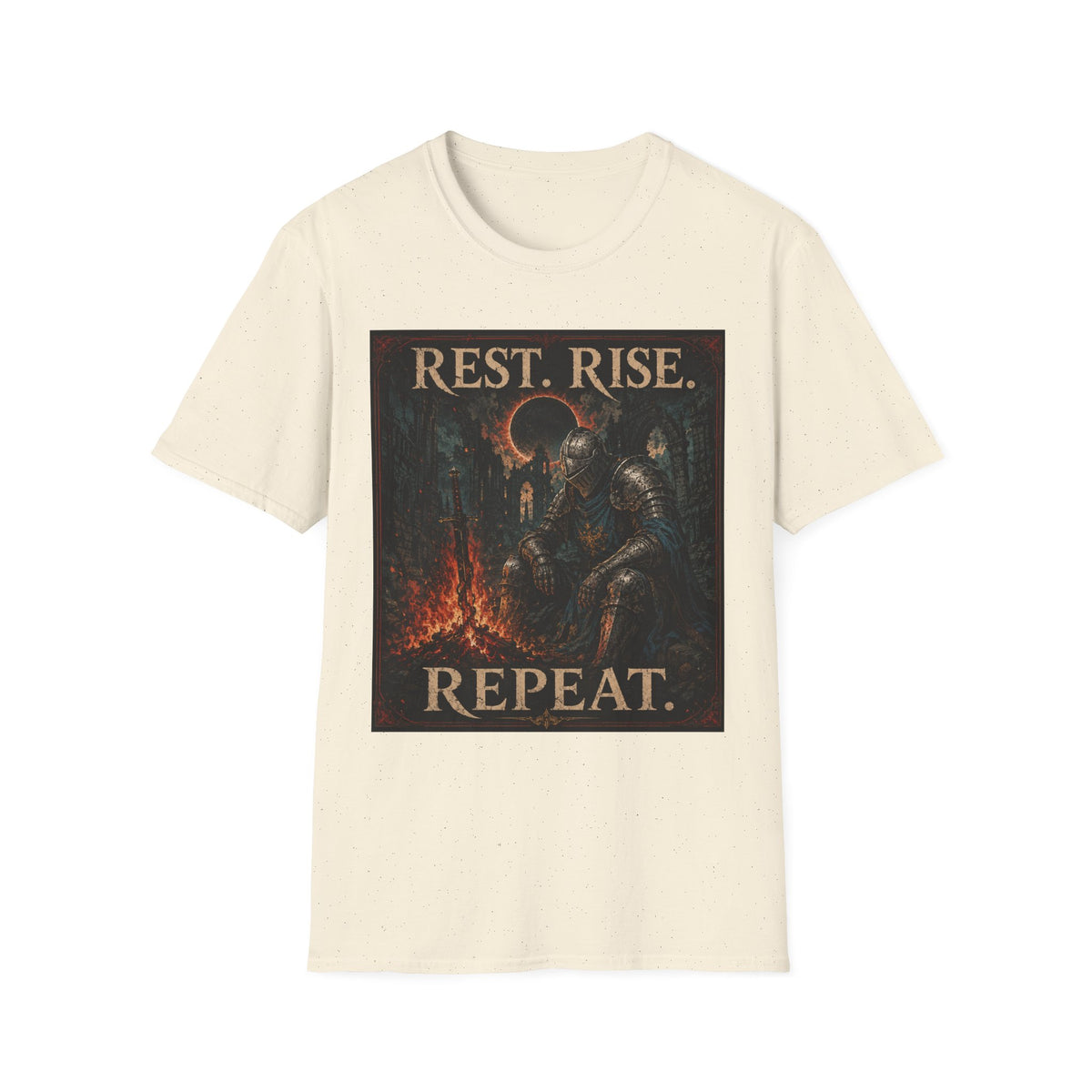 Rest. Rise. Repeat. T‑Shirt — Dark Souls Fantasy Knight Graphic Tee