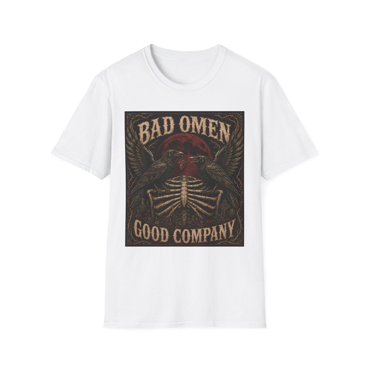 Bad Omen Graphic T‑Shirt — Gothic Raven Skeleton Retro Band Tee