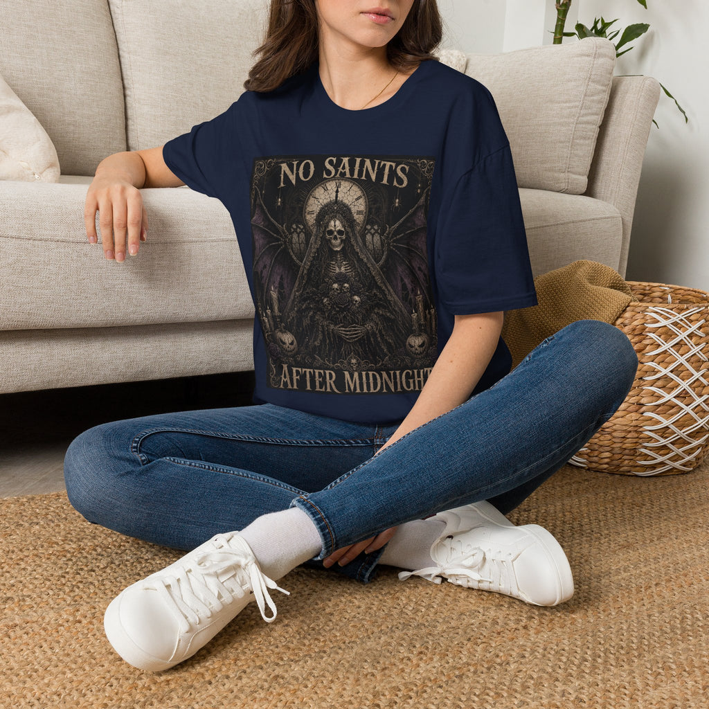 No Saints Graphic T-Shirt — Gothic Skull Clock Design