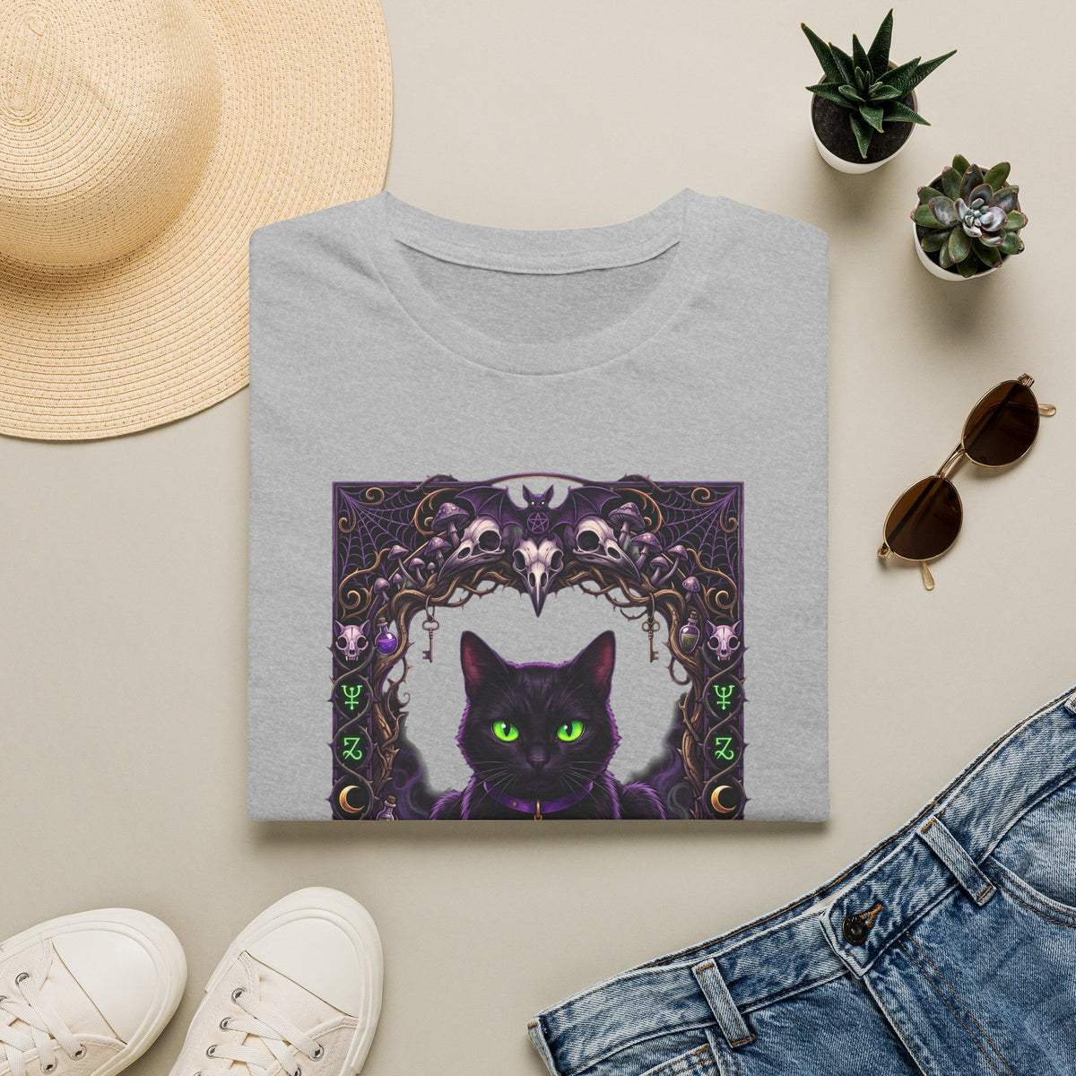 Mystic Green-Eyed Cat Tee - Gothic Occult Cat Graphic T-Shirt