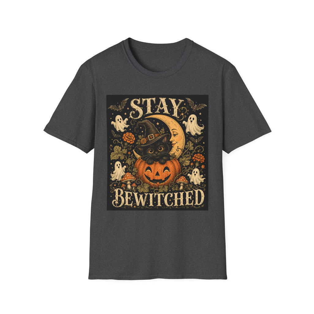 Halloween 'Stay Bewitched' T‑Shirt — Vintage Moon, Black Cat & Pumpkin Design