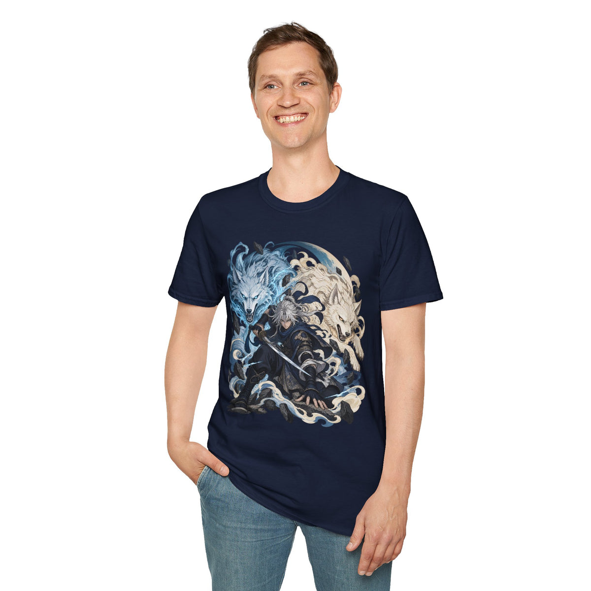 Wolf Spirit T-Shirt | Japanese Samurai | Yin Yang Blue & White Wolves Graphic Tee