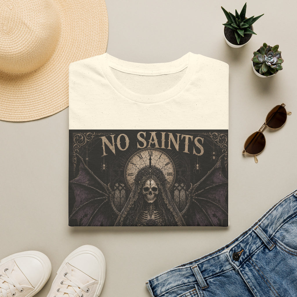 No Saints Graphic T-Shirt — Gothic Skull Clock Design