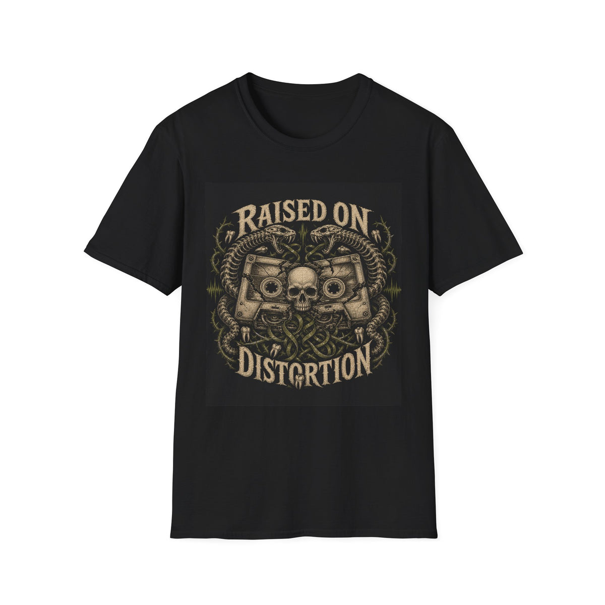 Raised on Distortion Guitar Skull T-Shirt — Vintage Rock Biker Tee