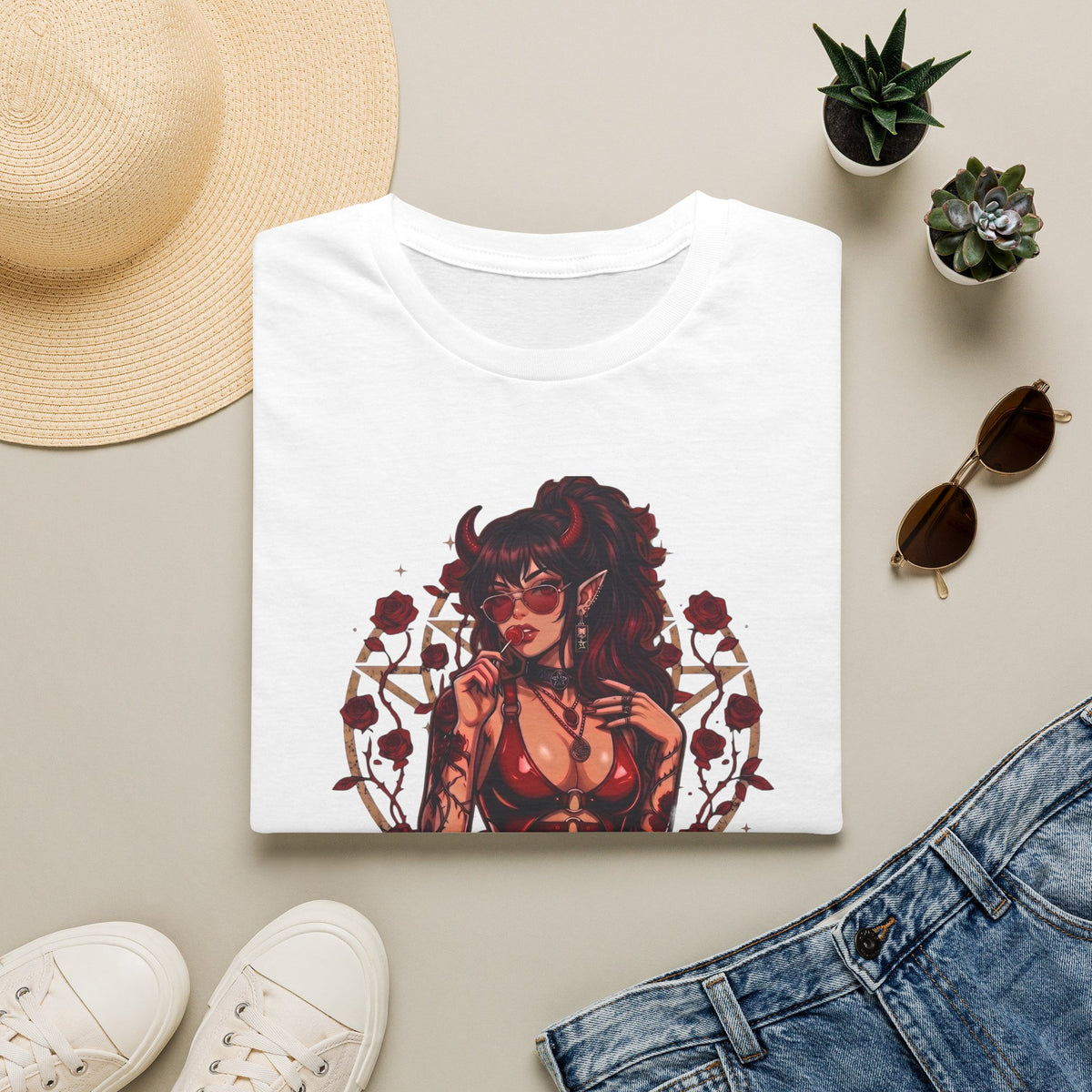 Sexy Succubus Tattoo Pin-Up Girl T Shirt - Rose Halo Graphic T-Shirt