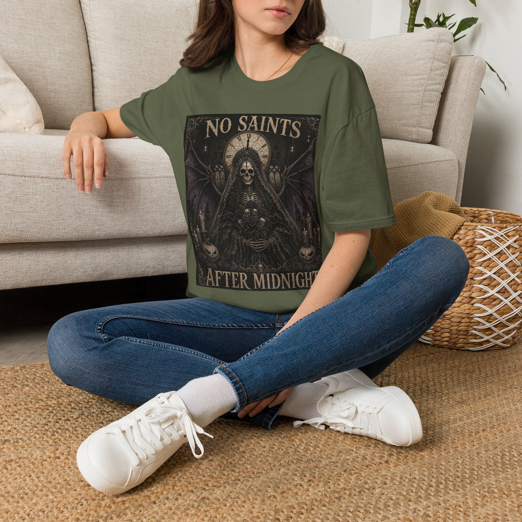No Saints Graphic T-Shirt — Gothic Skull Clock Design