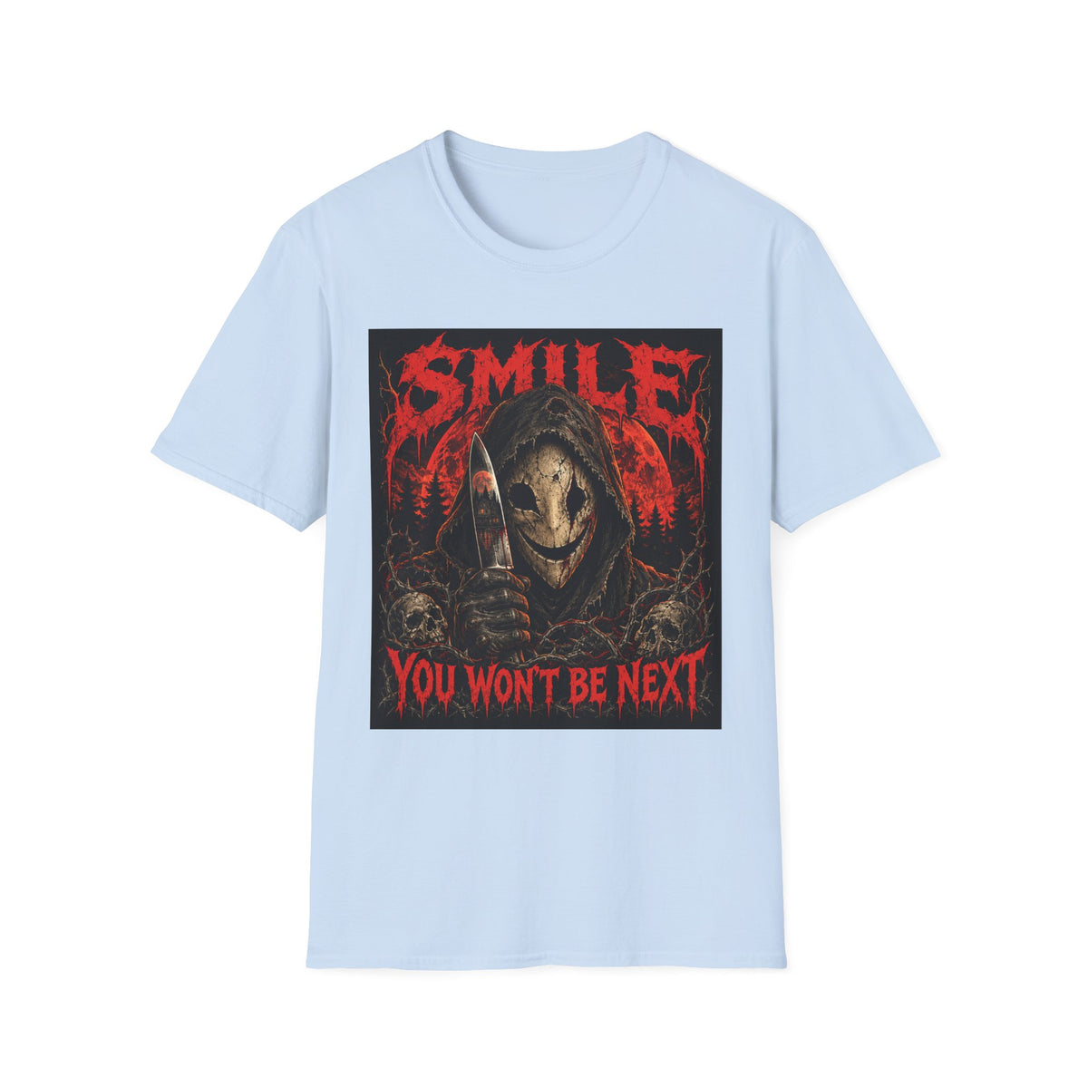 Horror Graphic T-Shirt — "SMILE You Won't Be Next" Creepy Reaper Design