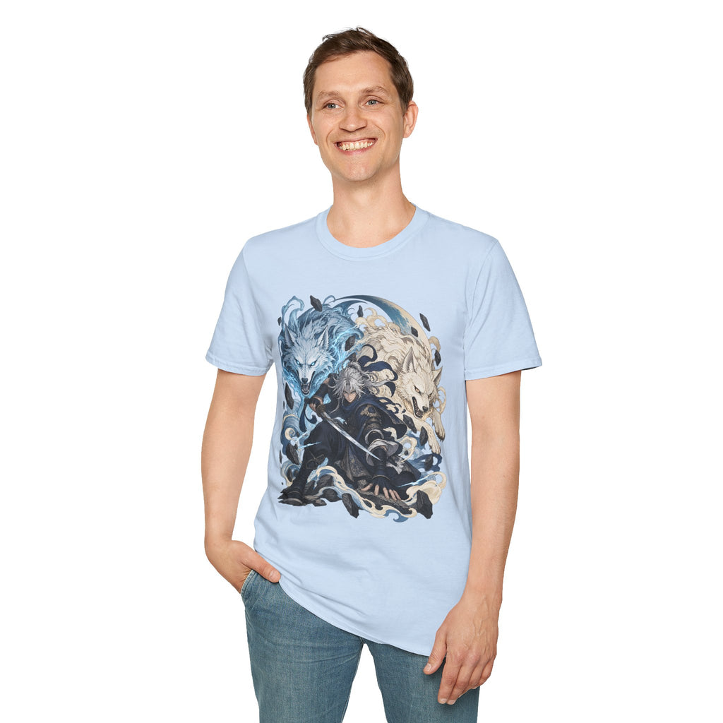 Wolf Spirit T-Shirt | Japanese Samurai | Yin Yang Blue & White Wolves Graphic Tee