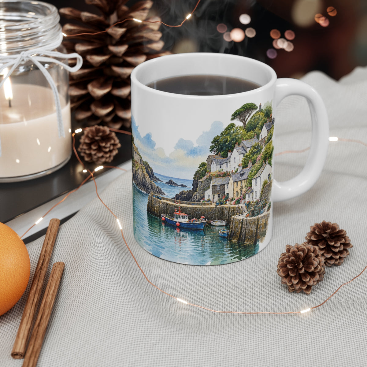 Polperro Harbour Mug | Cornwall Watercolour | Cornish Fishing Village Gift