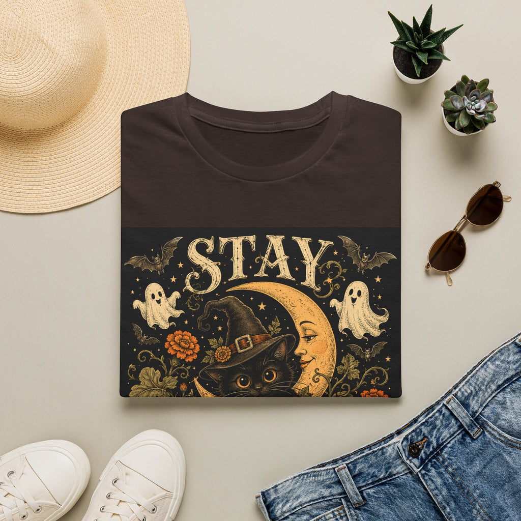 Halloween 'Stay Bewitched' T‑Shirt — Vintage Moon, Black Cat & Pumpkin Design