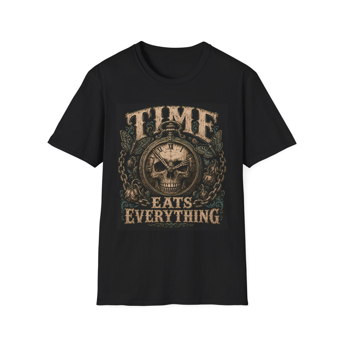 TIME Eats Everything T-Shirt — Vintage Clock & Skull Graphic Tee