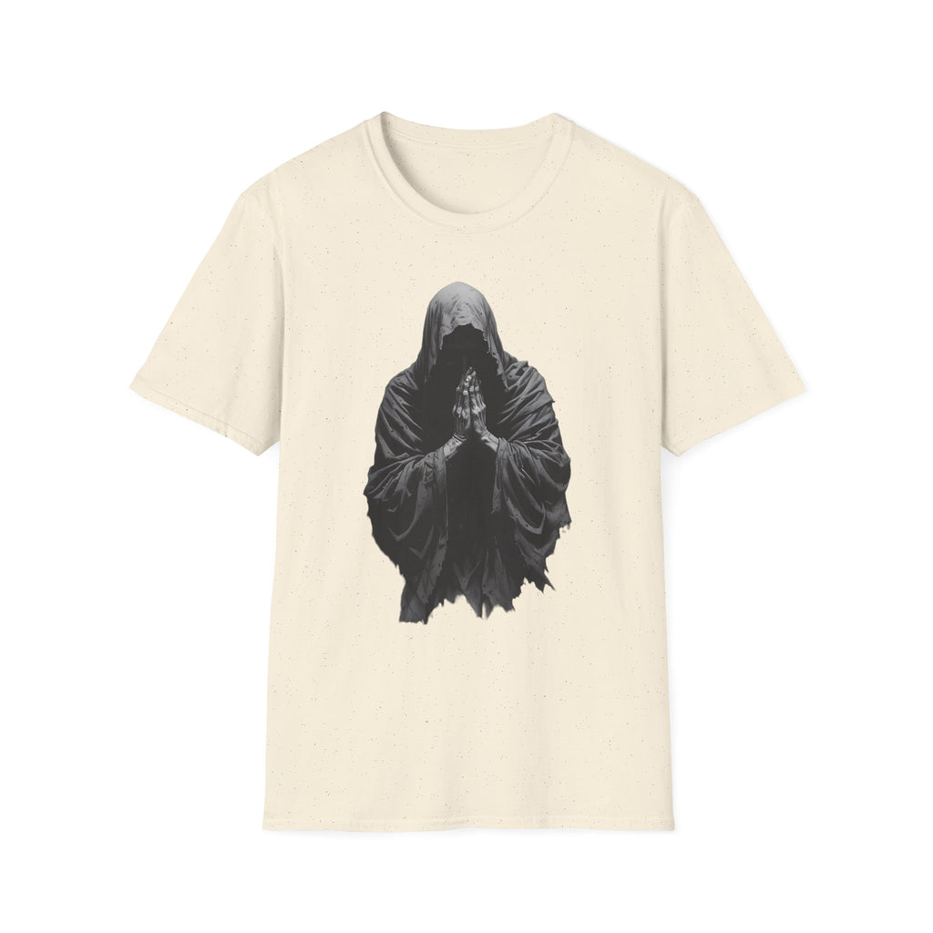 Hooded Figure Prayer T‑Shirt — Gothic Mystical Graphic Tee