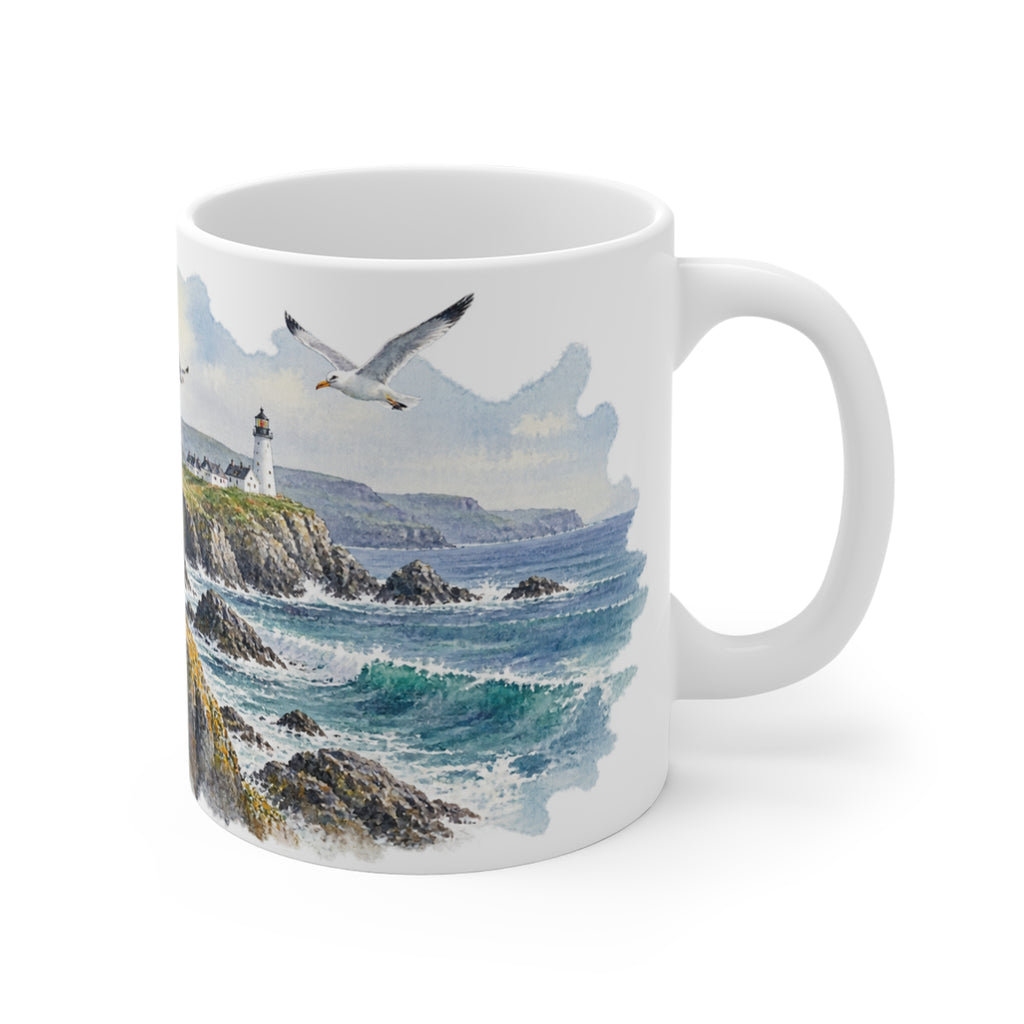 Puffins and Lighthouse Watercolour Mug | Nautical Seabird Coast