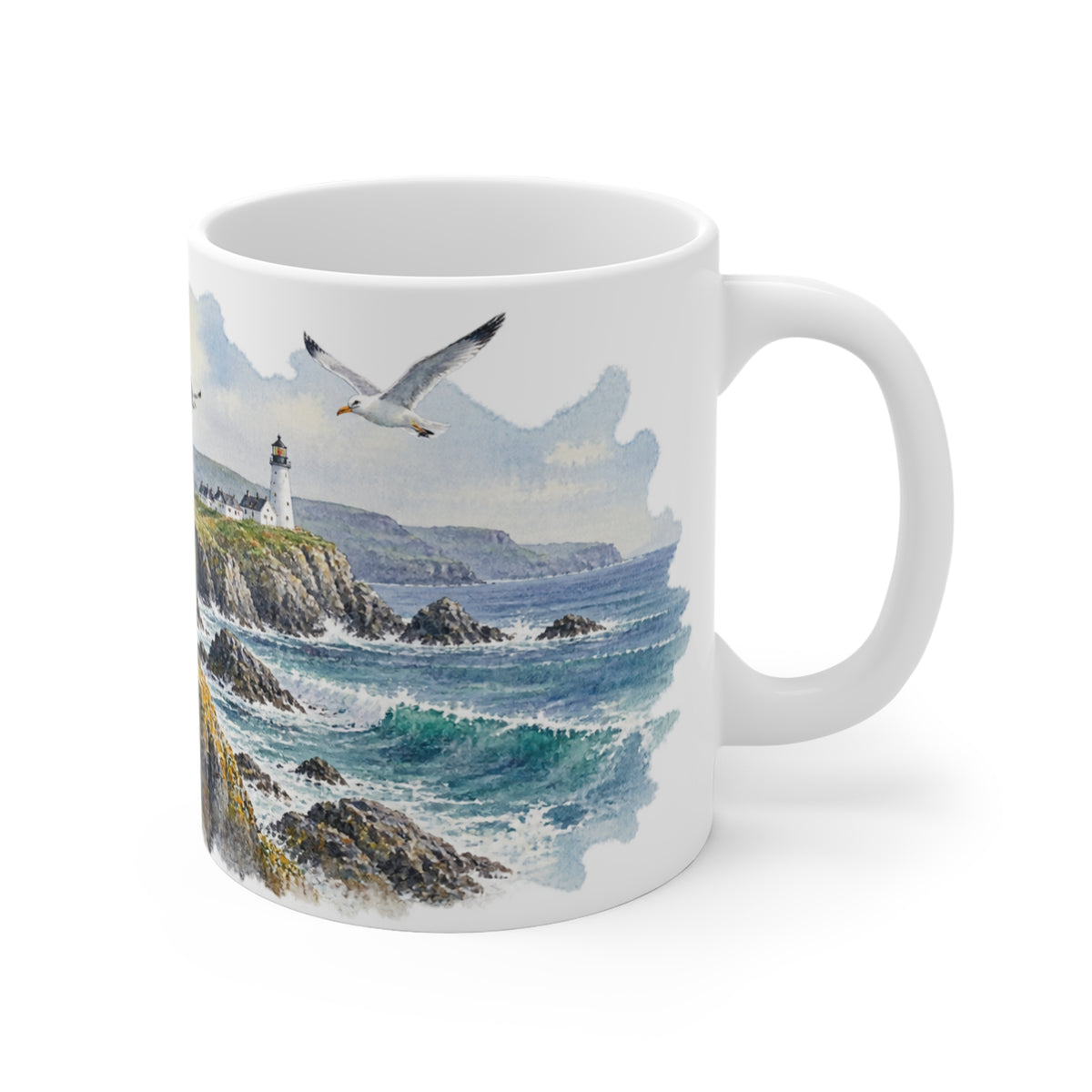 Puffins and Lighthouse Watercolour Mug | Nautical Seabird Coast