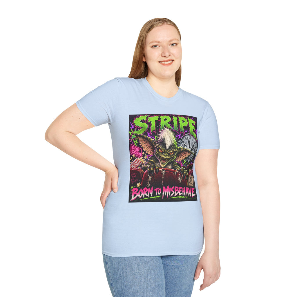 Stripe Gremlin T‑Shirt — 'Born to Misbehave' Retro Horror Graphic Tee