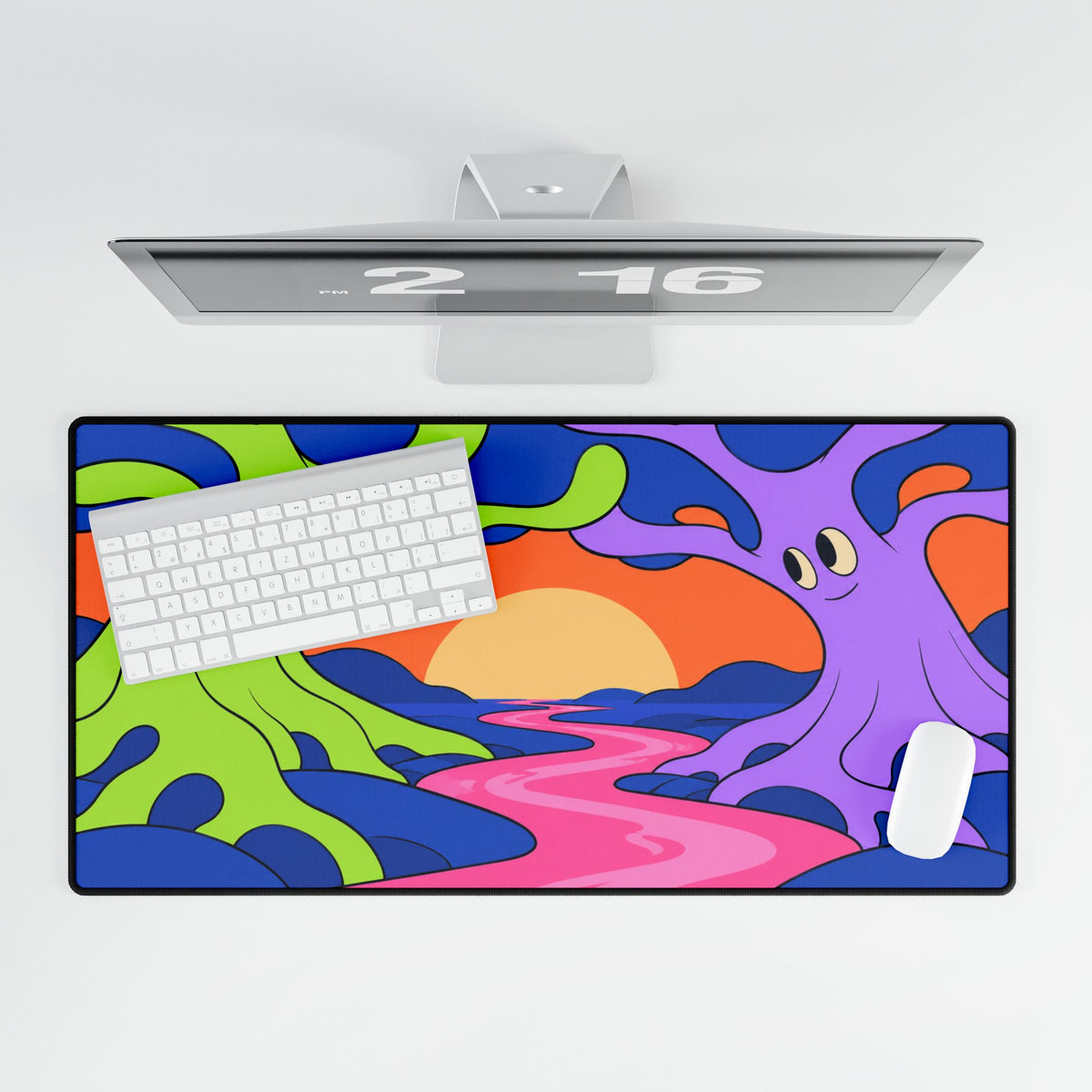 Psychedelic Sunset Desk Mat | Colourful Cartoon Trees Gaming Mouse Pad
