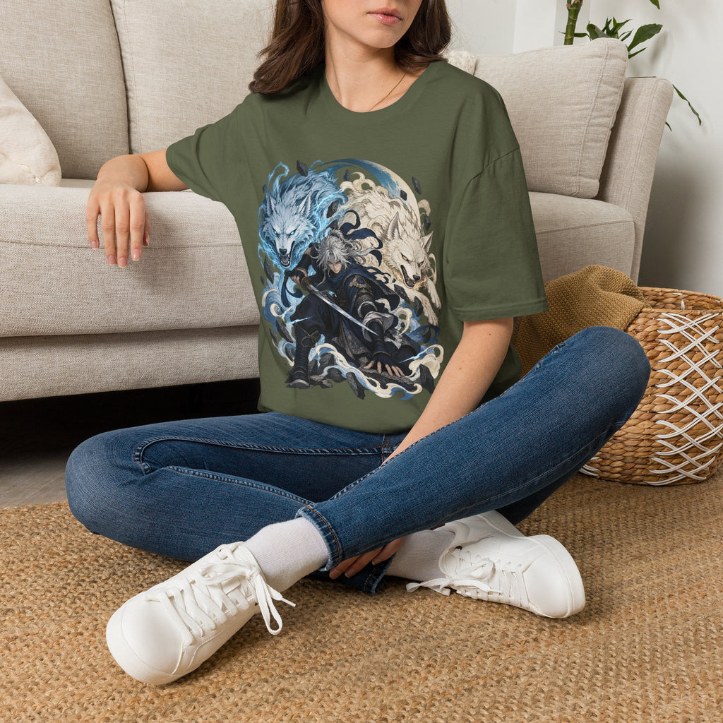 Wolf Spirit T-Shirt | Japanese Samurai | Yin Yang Blue & White Wolves Graphic Tee