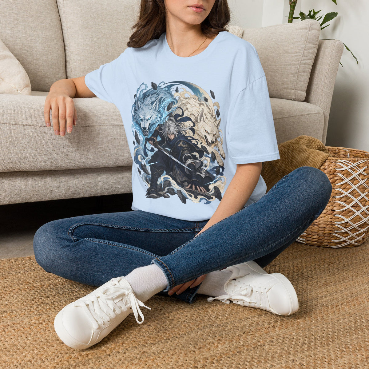 Wolf Spirit T-Shirt | Japanese Samurai | Yin Yang Blue & White Wolves Graphic Tee