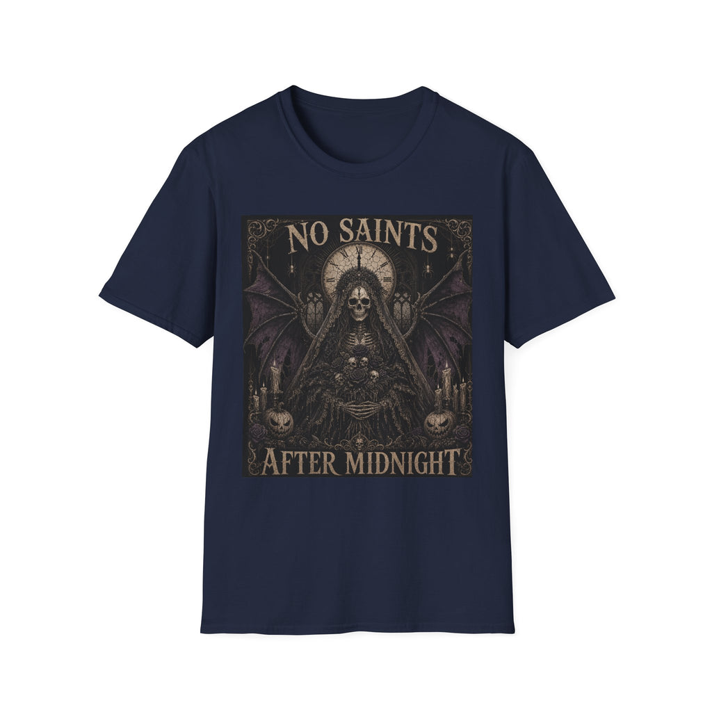No Saints Graphic T-Shirt — Gothic Skull Clock Design