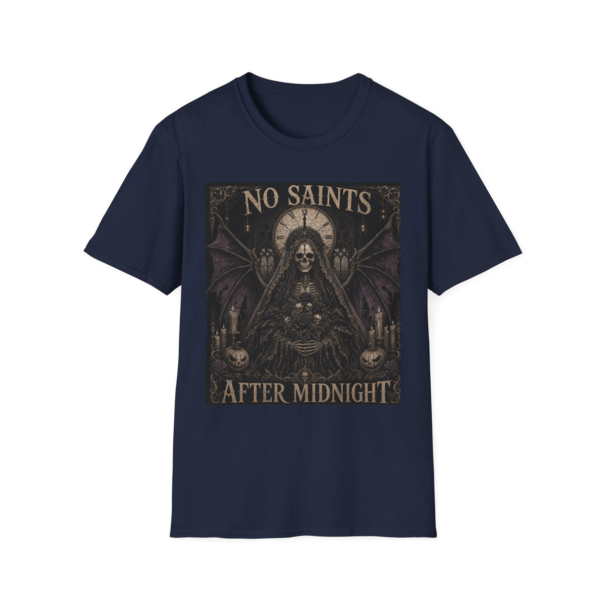 No Saints Graphic T-Shirt — Gothic Skull Clock Design