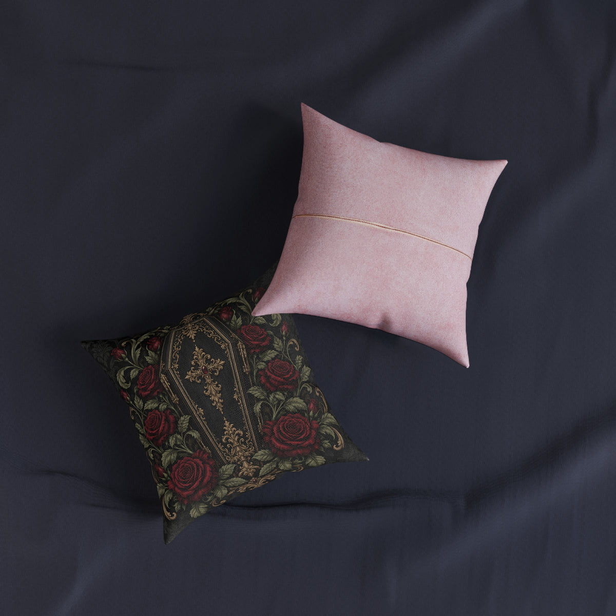 Gothic Coffin Rose Cushion Faux Suede Pink Back Filled Sofa Pillow
