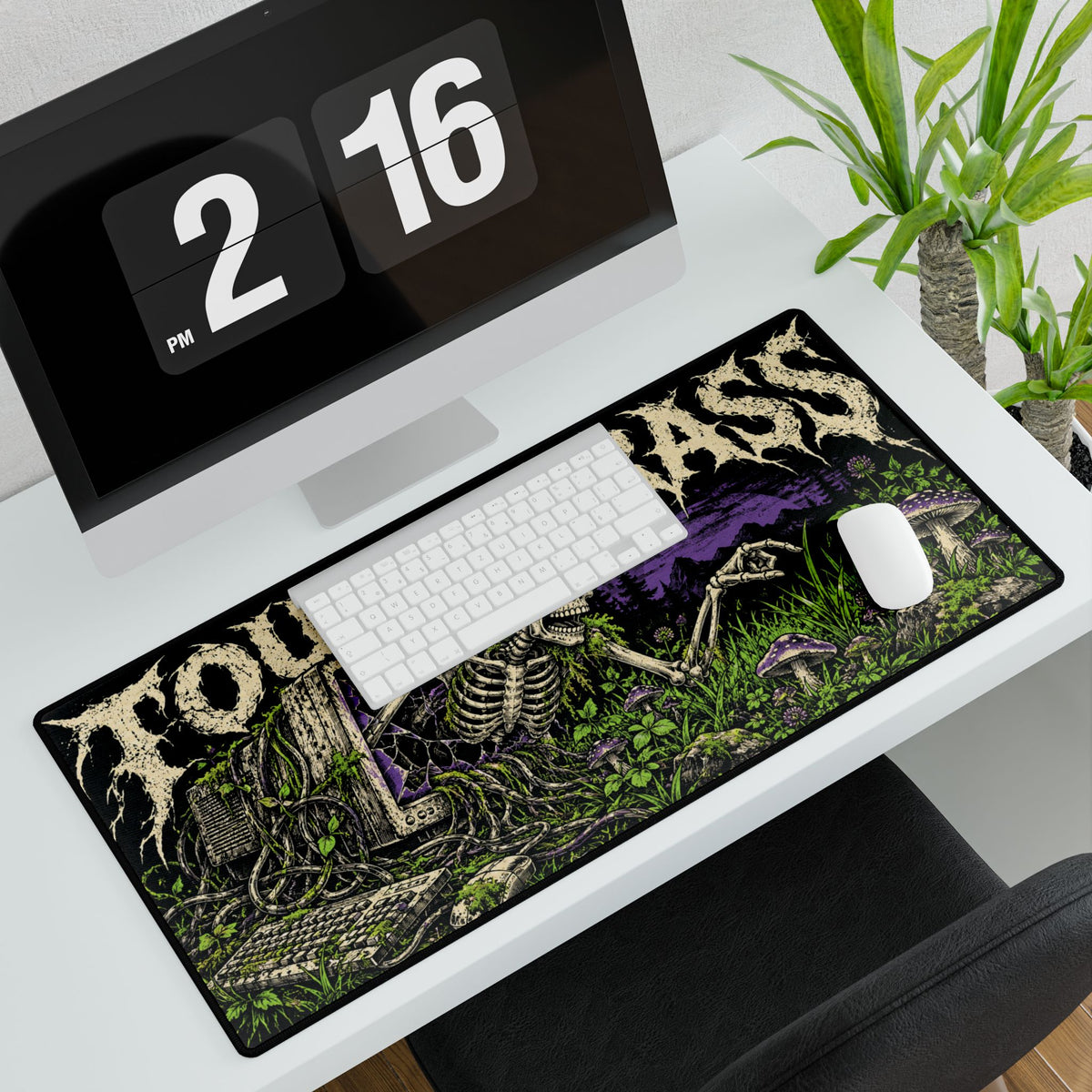 Touch Grass Skeleton | Gothic Gaming Mousepad with Skeletal, Mushroom Artwork