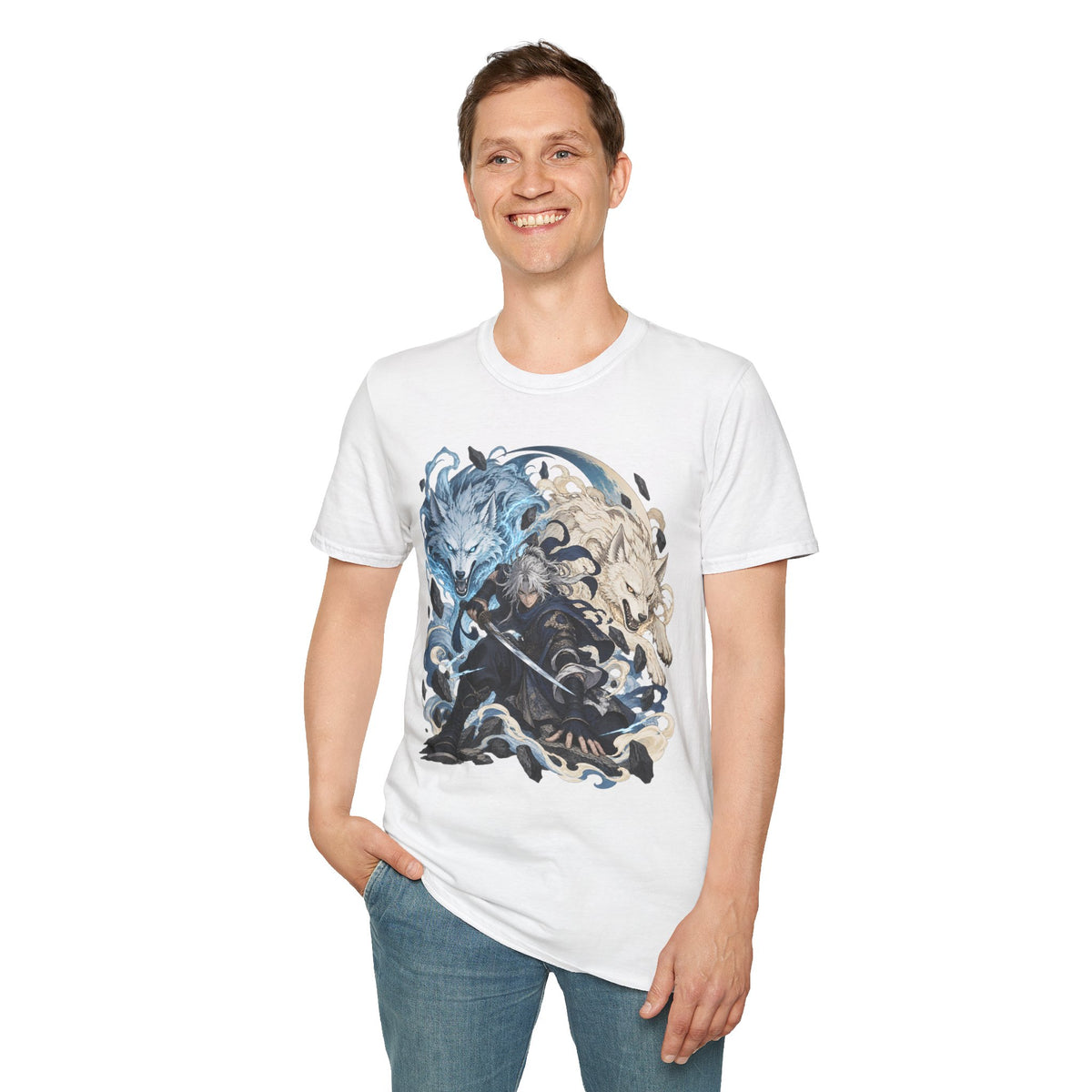 Wolf Spirit T-Shirt | Japanese Samurai | Yin Yang Blue & White Wolves Graphic Tee