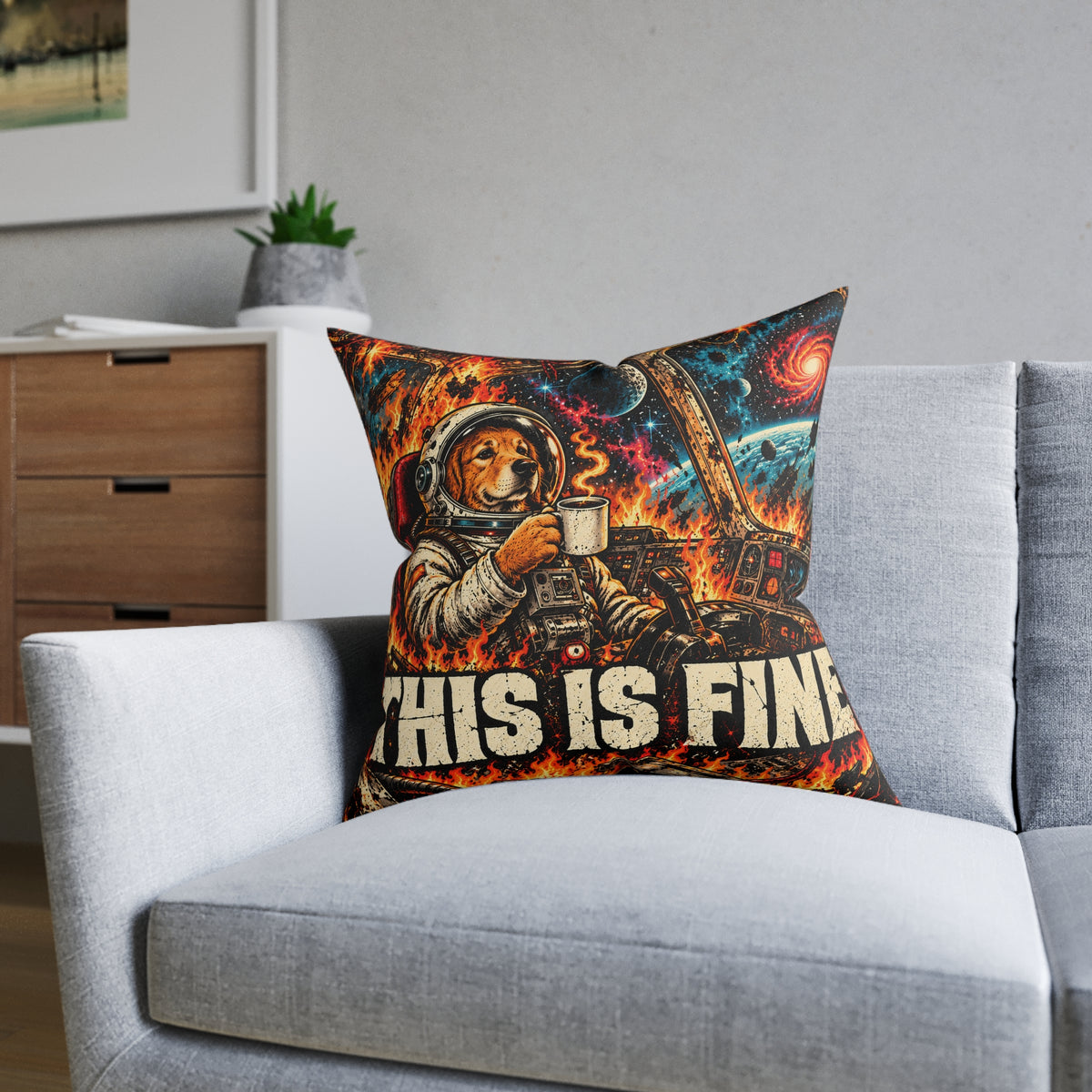 This Is Fine Funny Space Dog Meme Cushion | Decorative Sofa Pillow