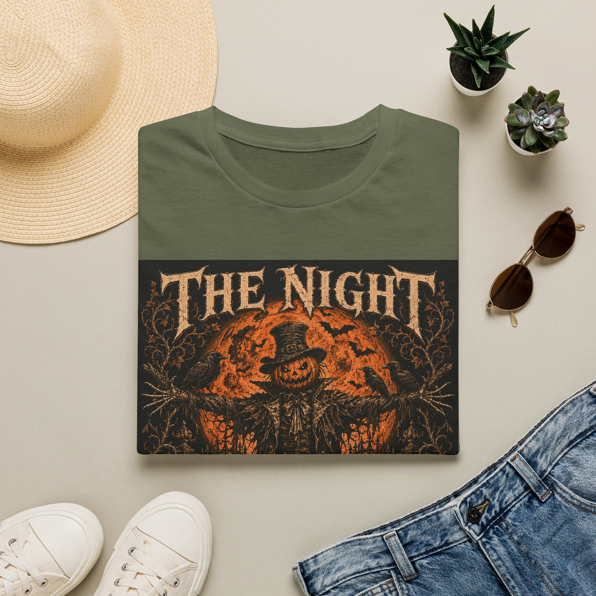 Halloween Scarecrow T-Shirt — "The Night Belongs To" Spooky Pumpkin Graphic