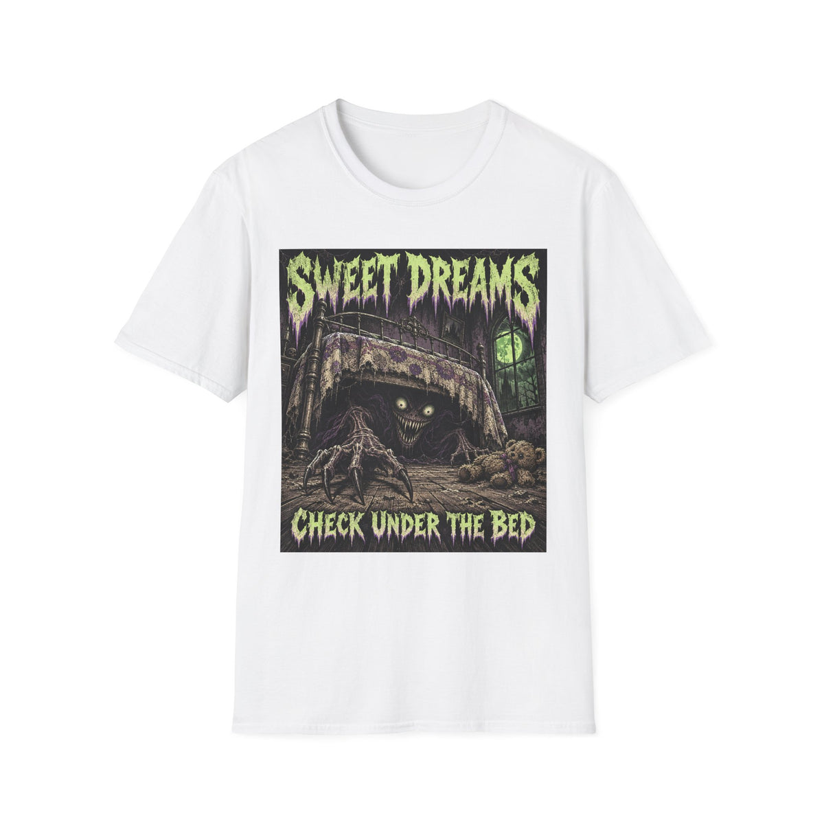 Sweet Dreams Horror T-Shirt — “Check Under the Bed” Gothic Sleep Tee
