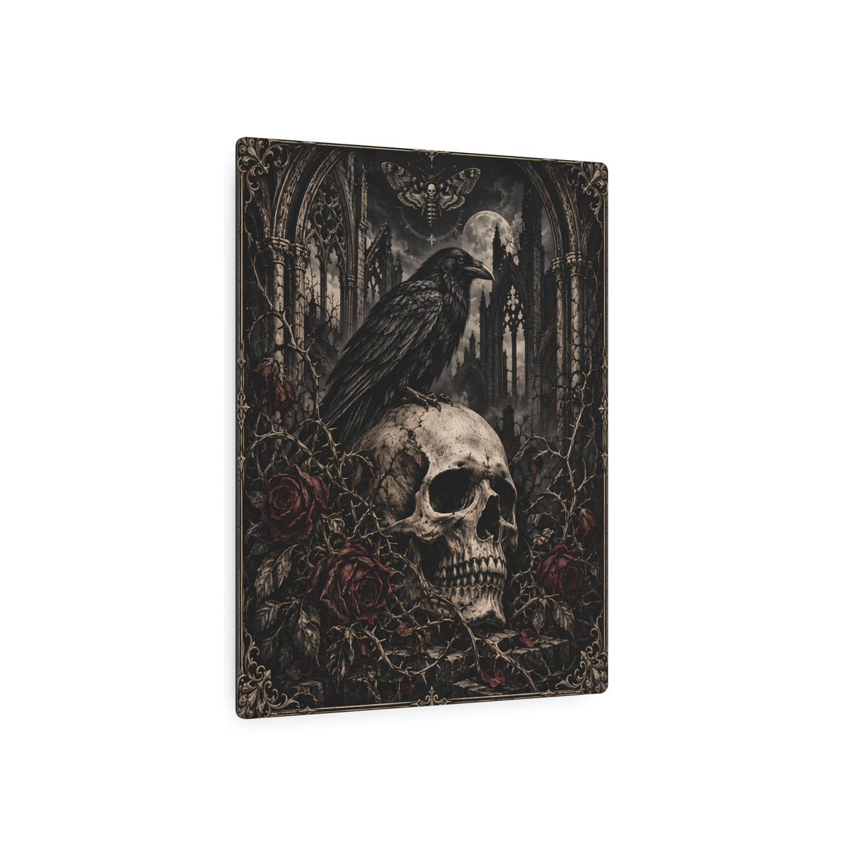 Metal Art Sign | Gothic Raven & Skull | Dark Cemetery Wall Art