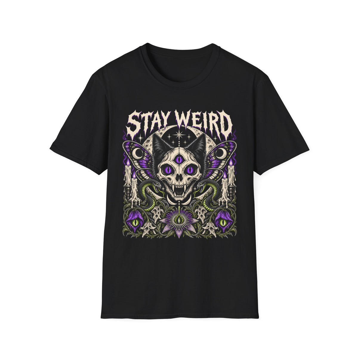 Stay Weird Skull Tee — Gothic Cat Third Eye Graphic T-Shirt