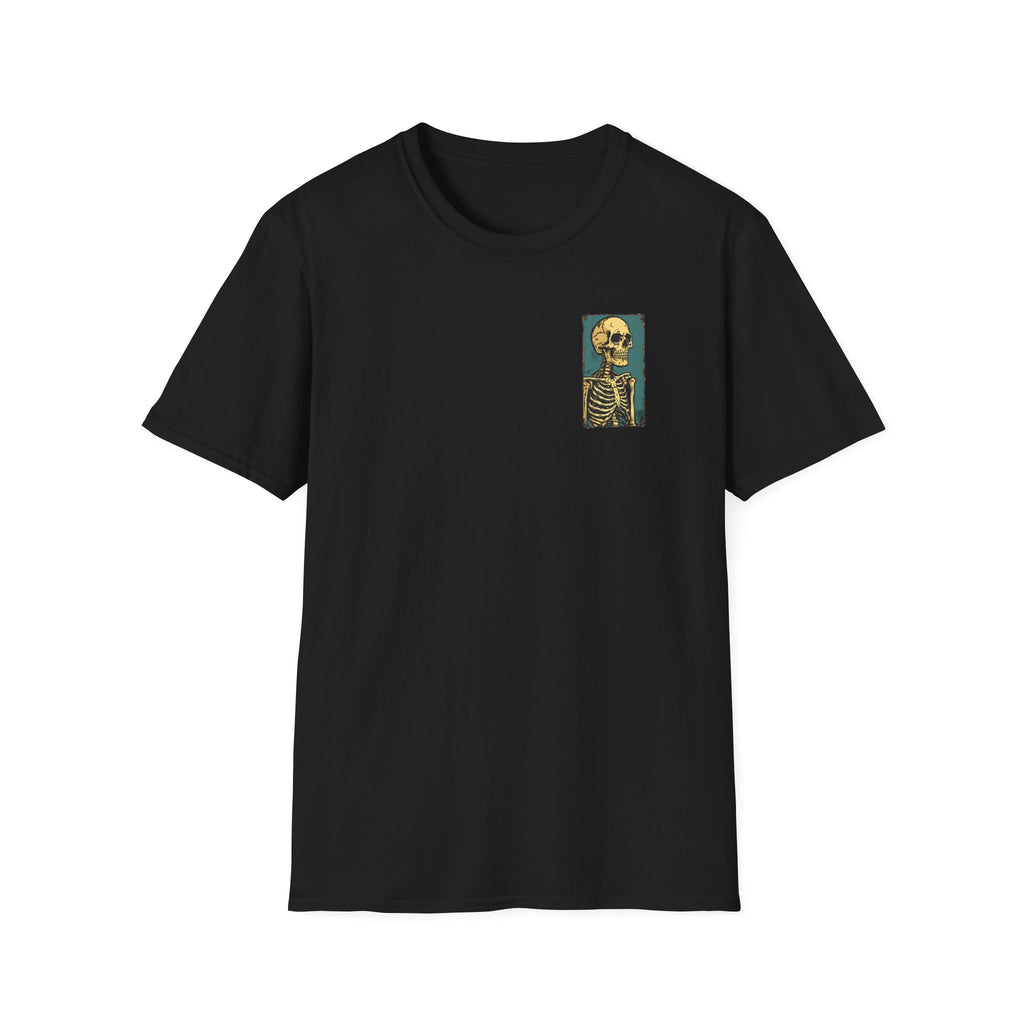 Vintage Yellow Skeleton Pocket T‑Shirt — Retro Anatomical Skull Tee
